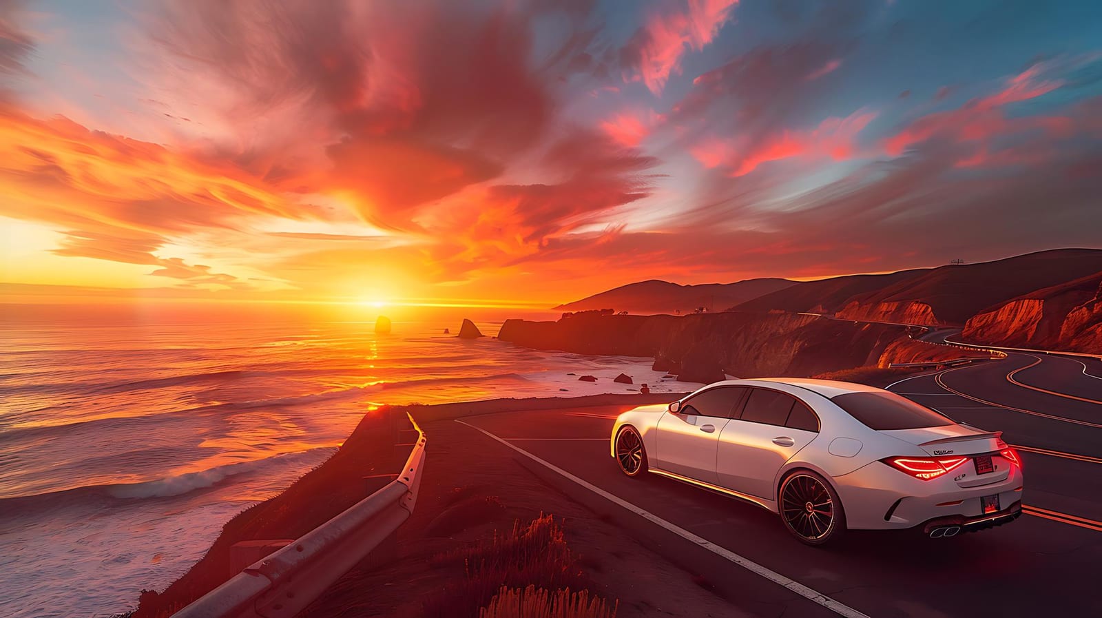 Sedã esportivo branco estacionado em uma estrada litorânea ao entardecer, com o mar ao fundo.